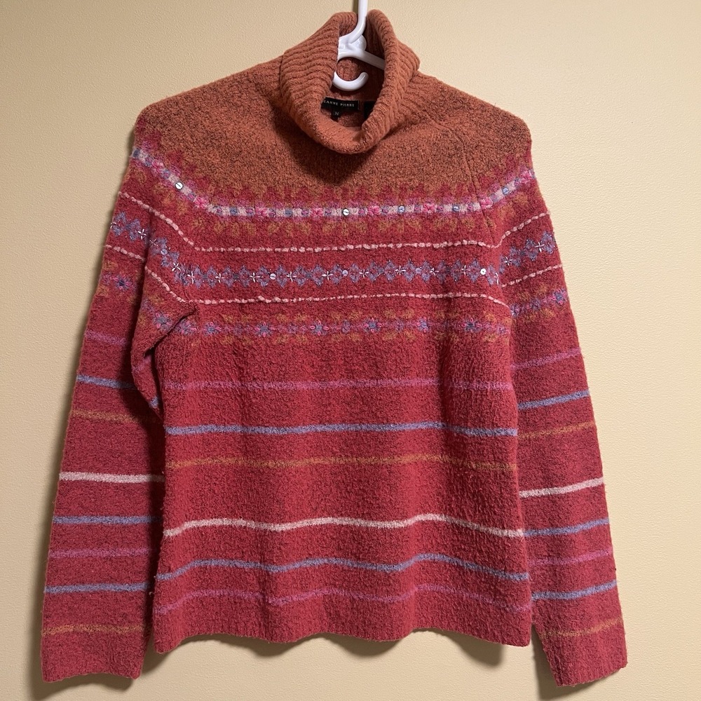 Jeanne Pierre Women's Sweater Wool Blend Fair Isle Pullover Sequins Size Medium